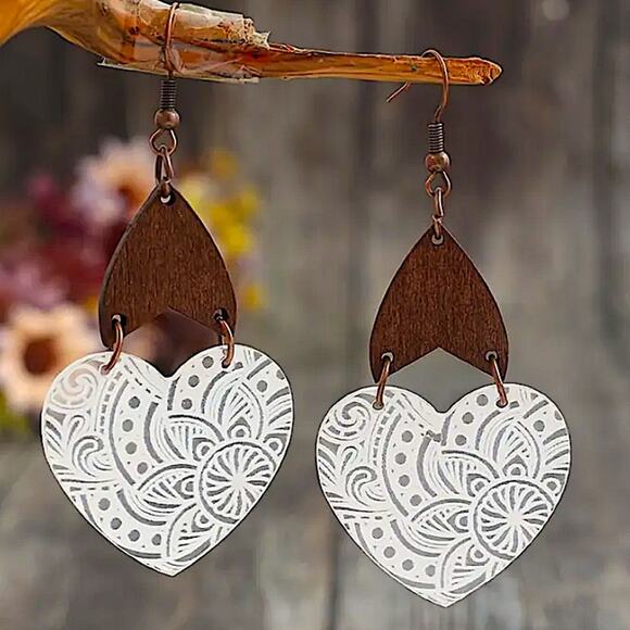 Boho Wooden Heart Dangle Earrings Vintage Bohemian - Picture 5 of 5